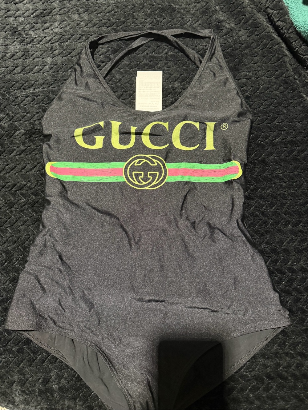 Gucci Black Swimsuit with Green and Red Web Stripe
